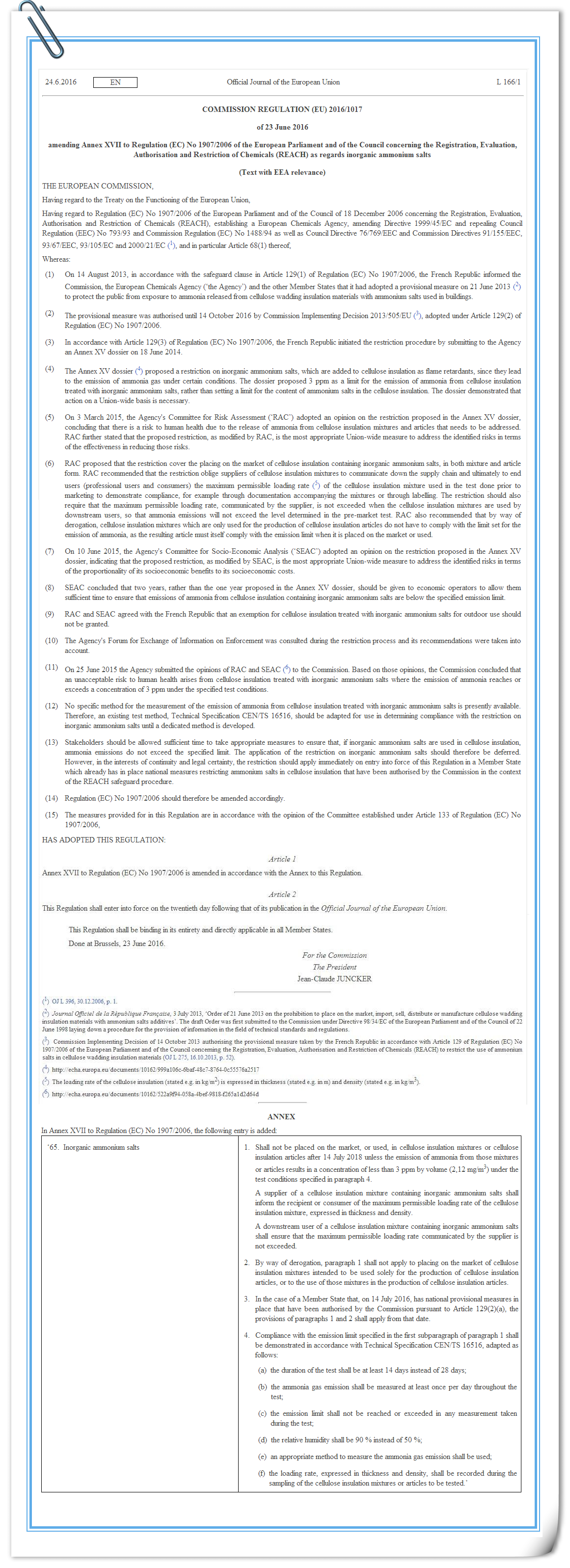 COMMISSION REGULATION (EU) 2016/1017