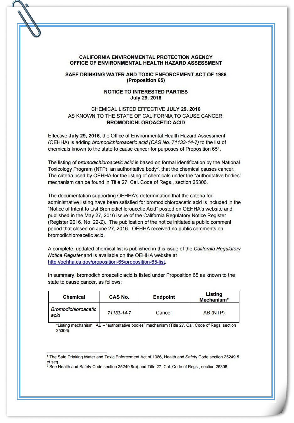 OEHHA将一溴二氯乙酸正式加入加州65清单