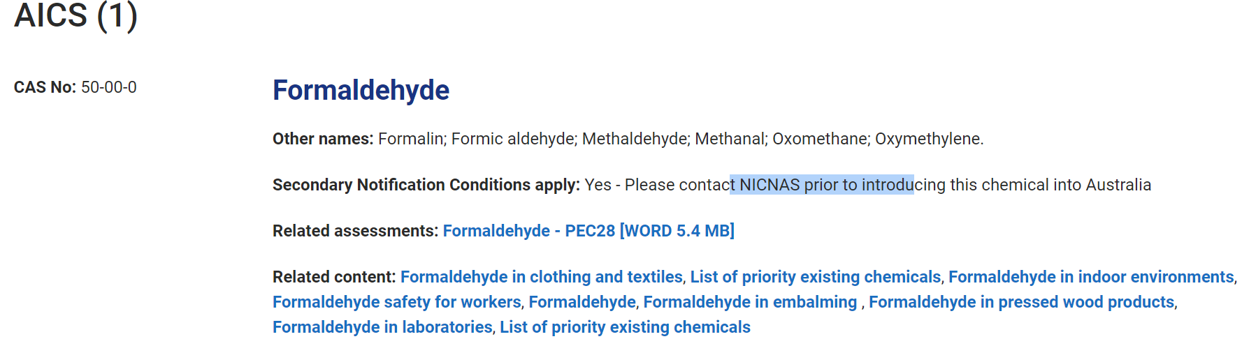 甲醛的AICS检索结果